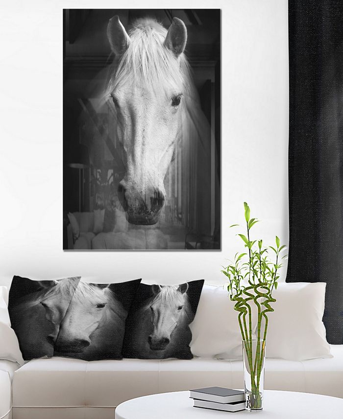 Design Art Designart 'White Horse Black And White' Animal Metal Wall ...