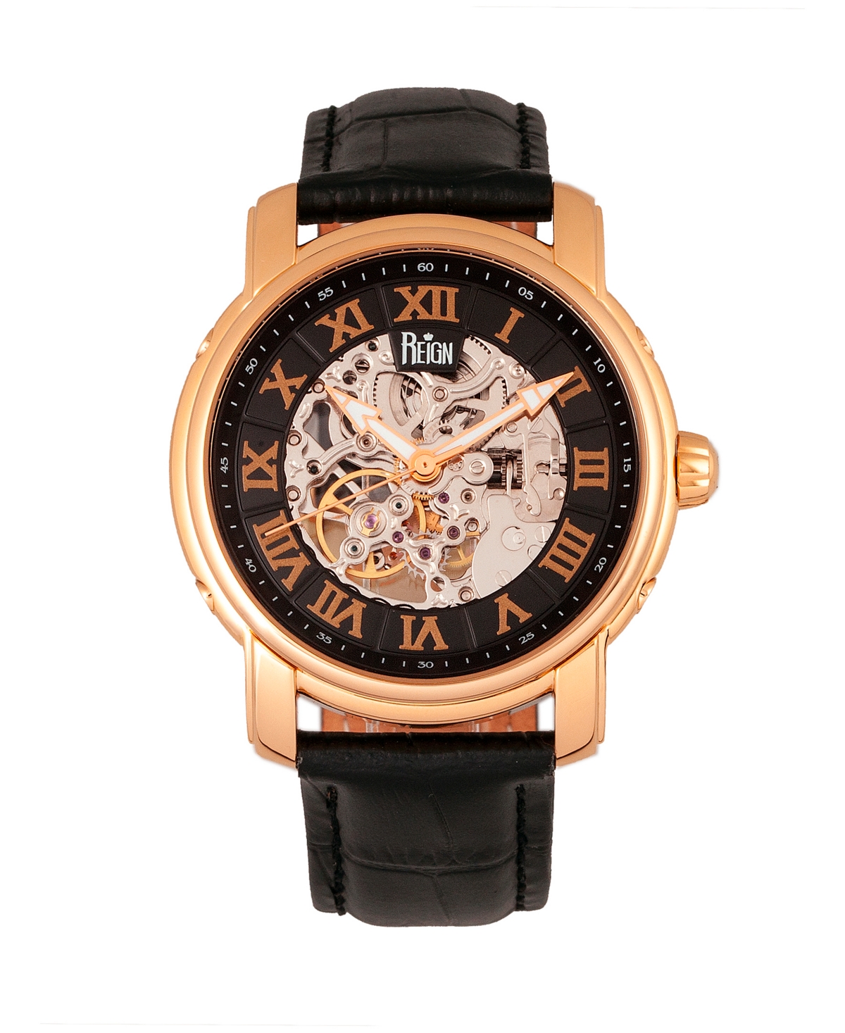 Kahn Automatic Skeleton Rose Gold Case, Genuine Black Leather Watch 45mm - Black