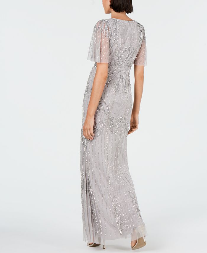 adrianna papell flutter sleeve stardust glitter knit gown