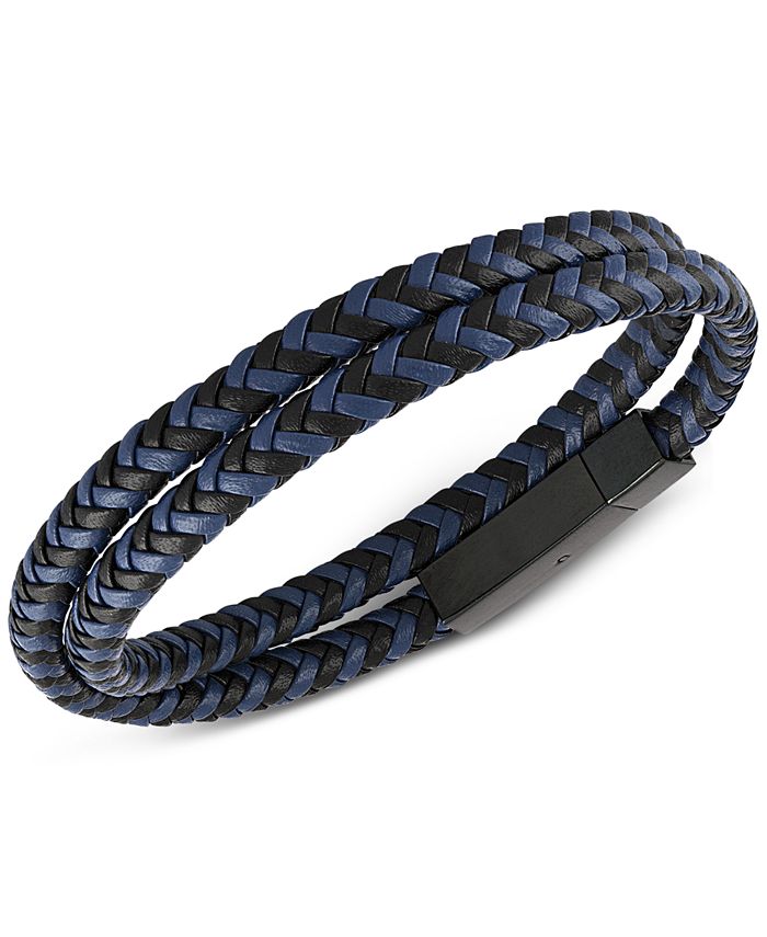 Esquire Men's Jewelry Woven Black and Blue Leather Wrap Bracelet in