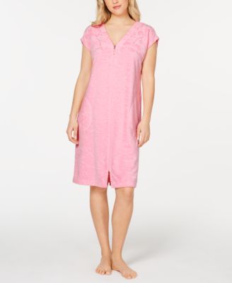 Miss Elaine - Flower-Embossed Micro-Terry Zip-Up Robe