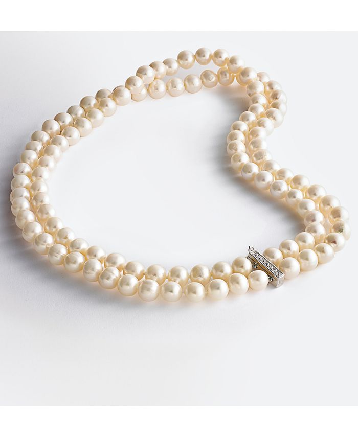 Belle de Mer - White Cultured Freshwater Pearl (8-1/2mm) and Cubic Zirconia Double Strand Necklace