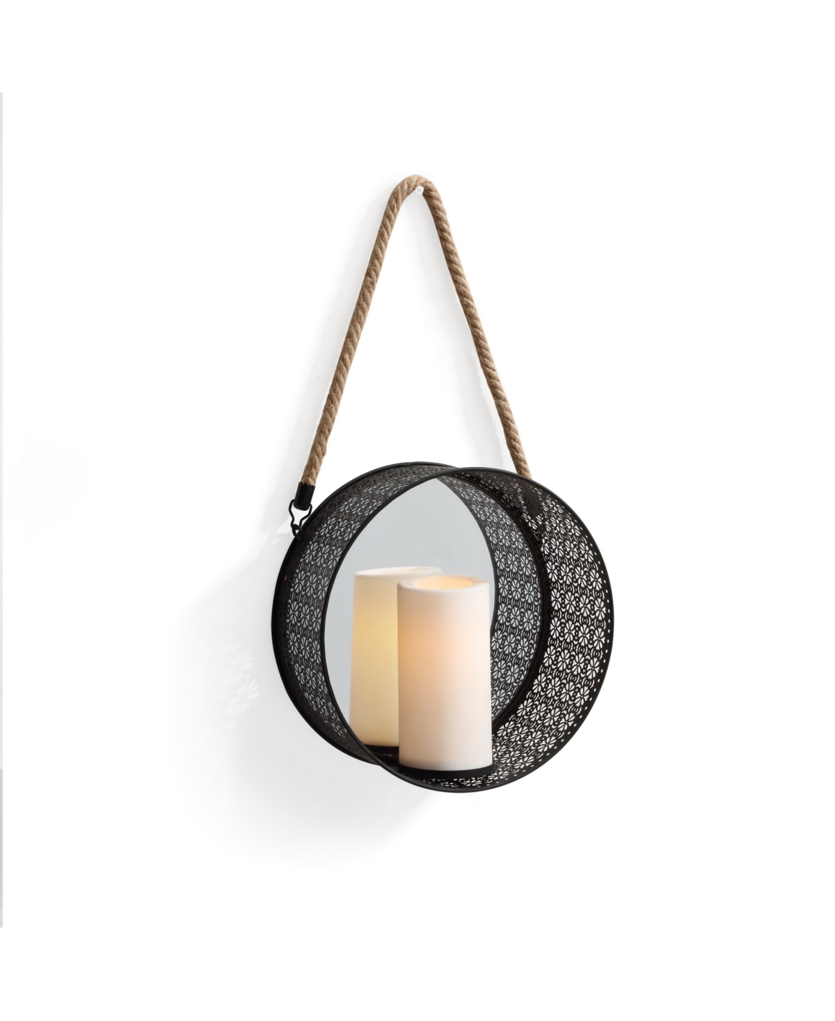 Danya B . Round Mirror Pillar Candle Sconce With Filigree Metal Frame In Black