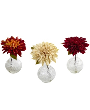 Nearly Natural Dahlia W/decorative Vase, Set Of 3 In Yellow
