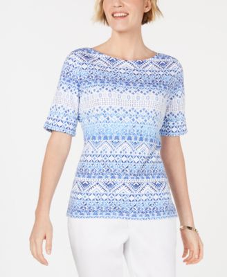 Karen Scott - Printed Boat-Neck Elbow-Sleeve Top