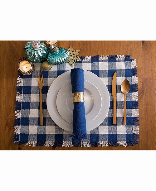 Design Imports Navy Heavyweight Check Fringed Placemat Set of 6 & Reviews Table Linens