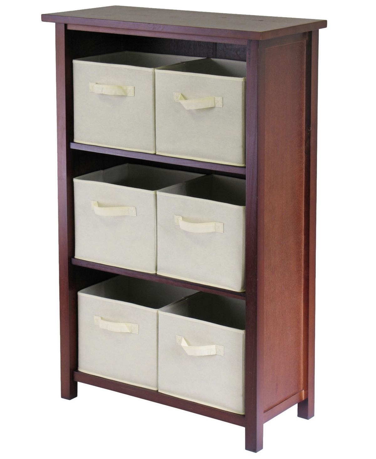 Verona 3- Section M Storage Shelf with 6 Foldable Beige Color Fabric Baskets - Walnut