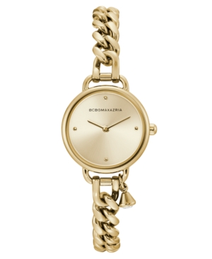 image of Bcbgmaxazria Ladies Round Goldtone Stainless Steel Chain Bracelet with Crystal Charm Watch, 26mm
