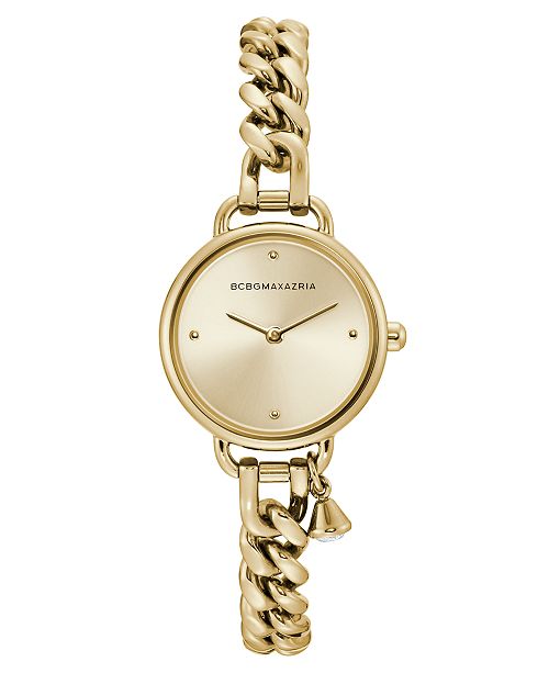 Bcbgmaxazria Ladies Round Goldtone Stainless Steel Chain Bracelet With Crystal Charm Watch 26mm Reviews Watches Jewelry Watches Macy S