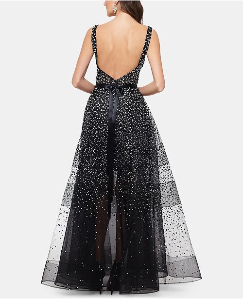 betsy & adam sequin & mesh overlay gown
