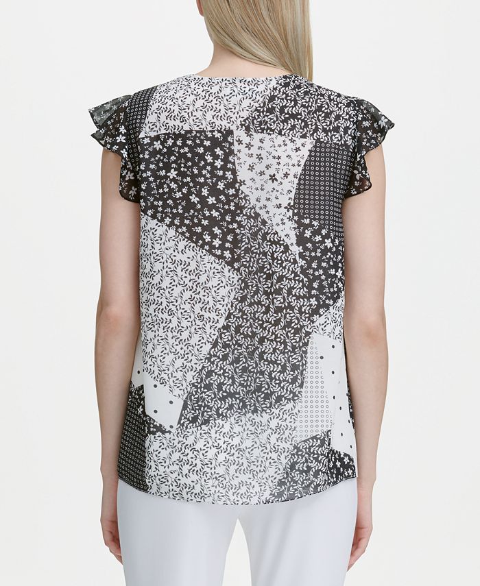 Calvin Klein Mixed-Print Flutter-Sleeve Top - Macy's