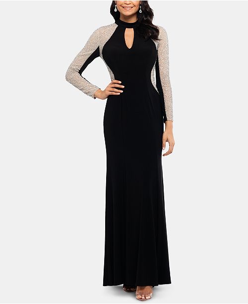 XSCAPE Women's Embellished Illusion Gown Dark Blue Size 10 Petite