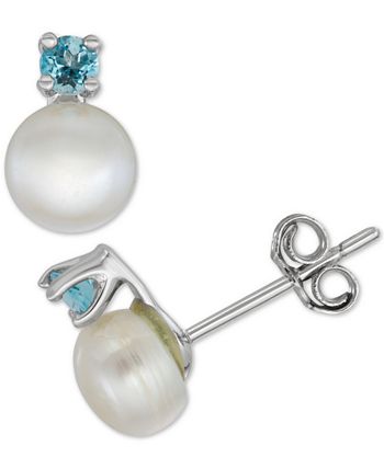 Macy's - Cultured Freshwater Pearl (6-7mm) & Blue Topaz (1/3 ct. t.w.) 18" Pendant Necklace & Stud Earrings Set in Sterling Silver