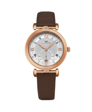 image of Alexander Watch AD202-04, Ladies Quartz Small-Second Date Watch with Rose Gold Tone Stainless Steel Case on Brown Satin Strap