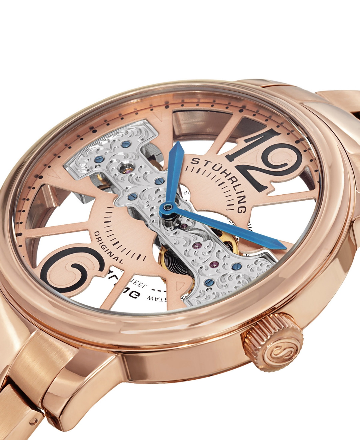 Stuhrling Stainless SteelTone Case on Link Bracelet,Tone Skeletonized Dial with Exposed Bridge Movement, with Blue and Black Accents - Ros