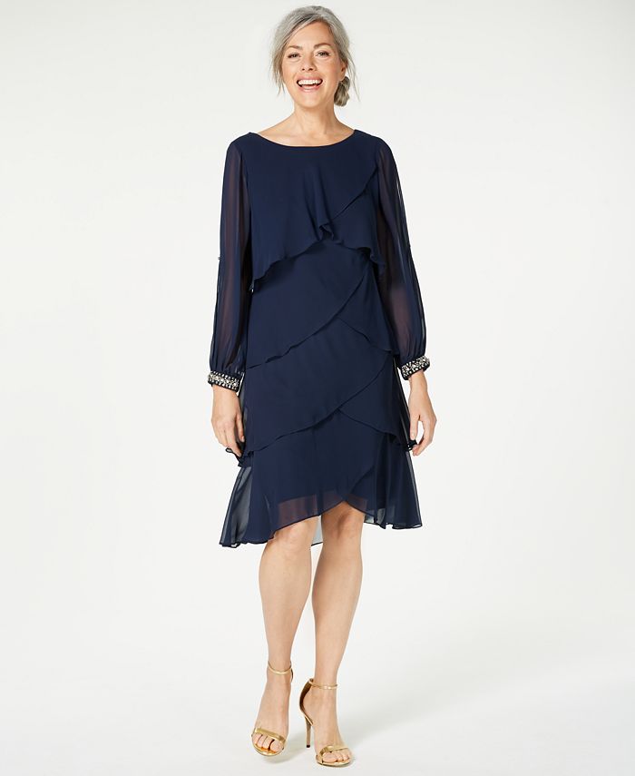 SL Fashions Long-Sleeve Tiered Chiffon Dress - Macy's