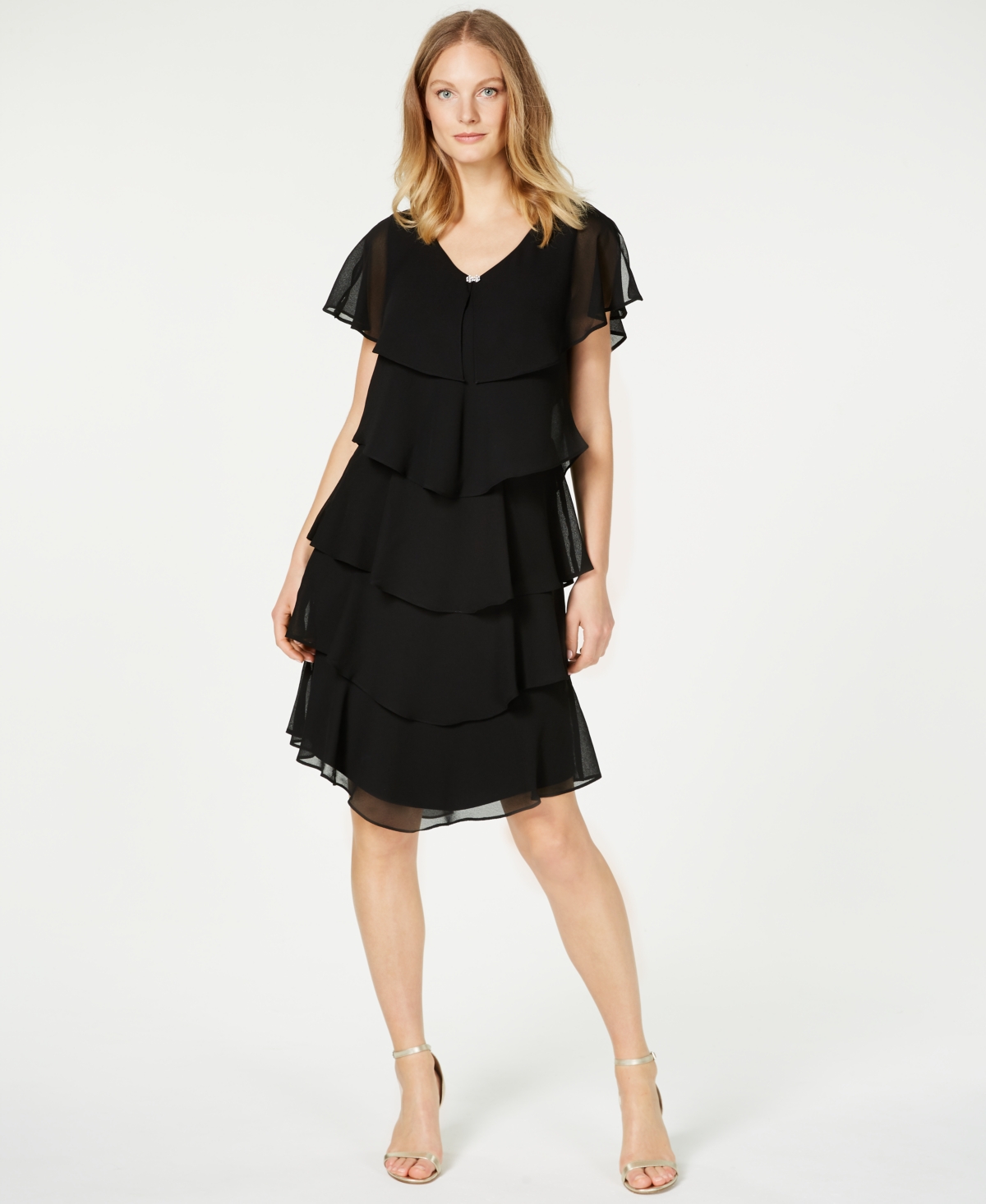 Tiered Rhinestone Capelet Dress - Black