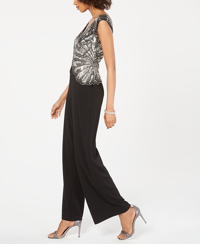 Adrianna Papell Women's Petite Embellished Wide-Leg Jumpsuit Black Size 12 Petite