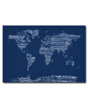 Michael Tompsett 'Sheet Music World Map in Blue' Canvas Art - 24" x 16"