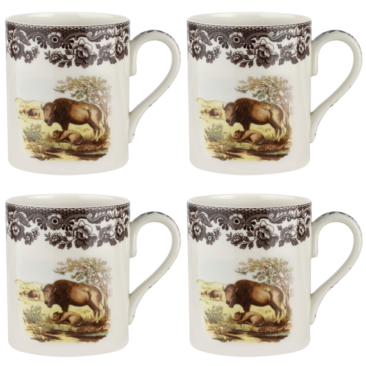 Woodland Bison Mugs, Set of 4 - Brown