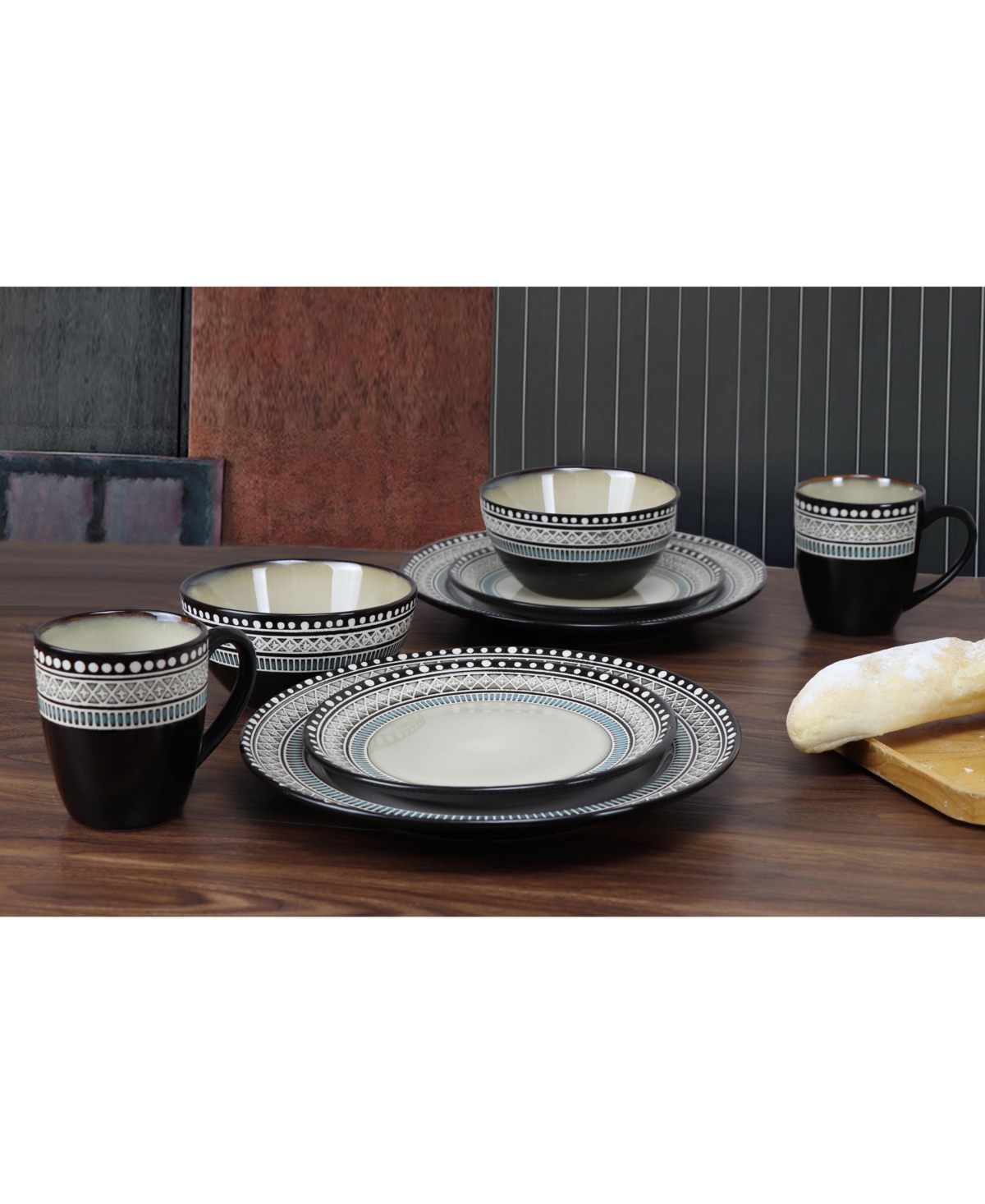 Lorren Home Trends 16 Piece Glazed Dinnerware - Neutral and Blue