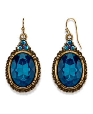image of 2028 Burnished Brass-Tone Indicolite Blue Color and Ab Accent Oval Drop Wire Earrings