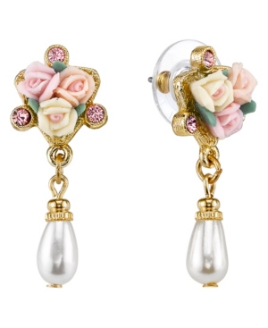 image of 2028 Gold-Tone Crystal Ivory and Pink Porcelain Rose Simulated Pearl Drop Earrings