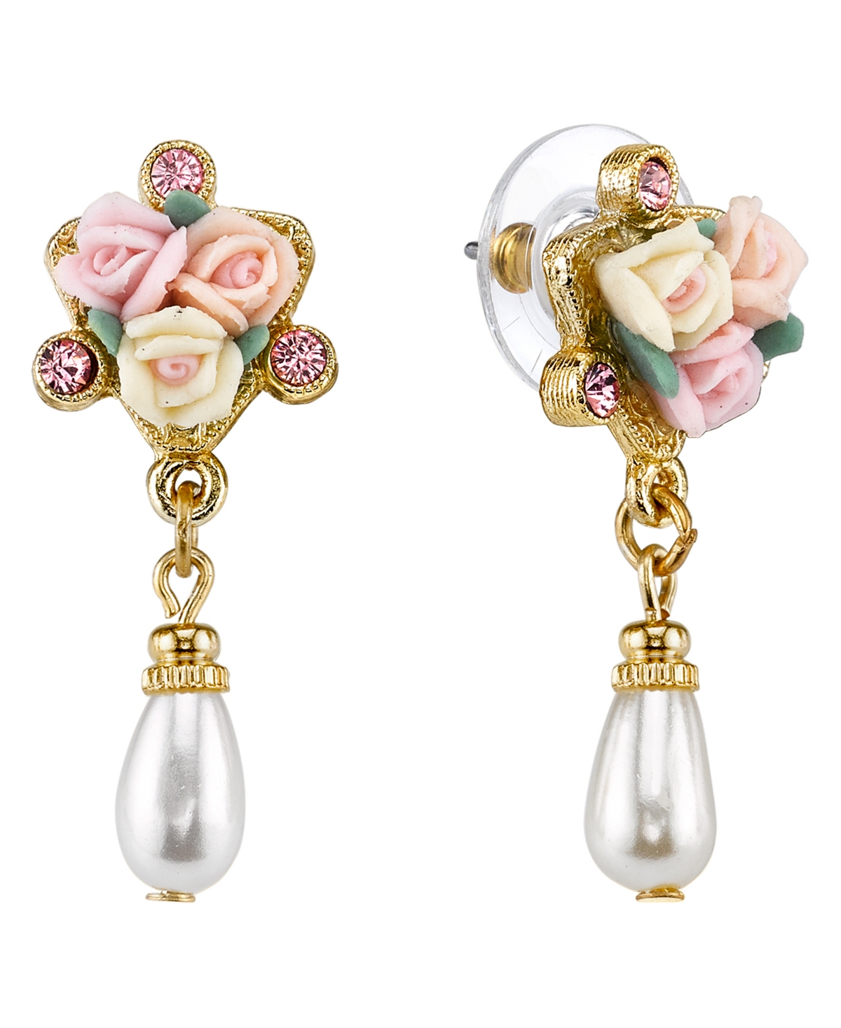 2028 Gold-tone Crystal Ivory And Pink Porcelain Rose Simulated Pearl Drop Earrings