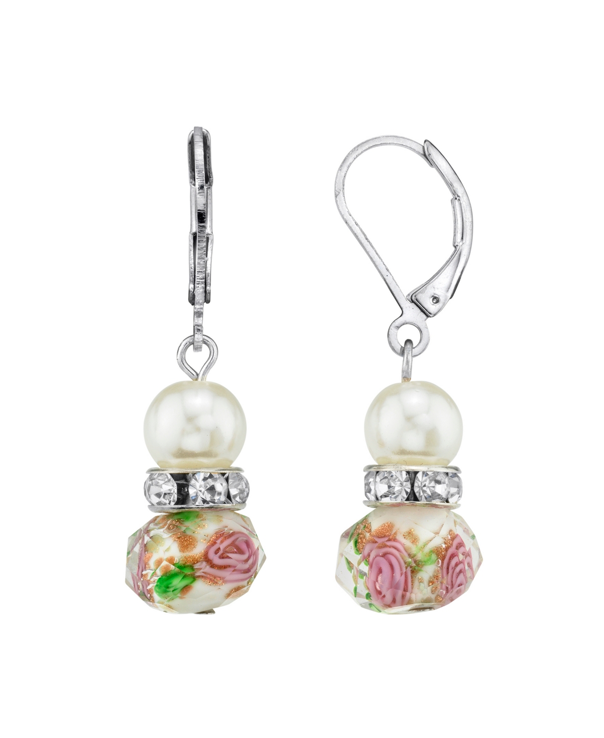 2028 Silver Tone Faux Pearl Pink Green Beaded Drop Wire Earring In White
