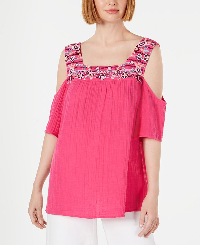 Style & Co Cotton Embroidered Cold-Shoulder Top XL 