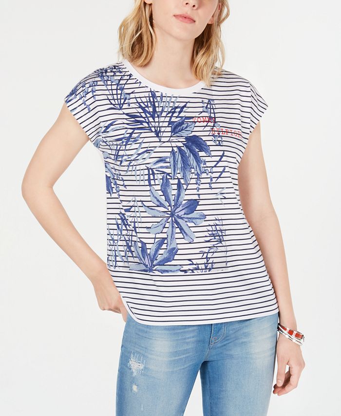 Tommy Hilfiger Striped Printed Crewneck Top - Macy's