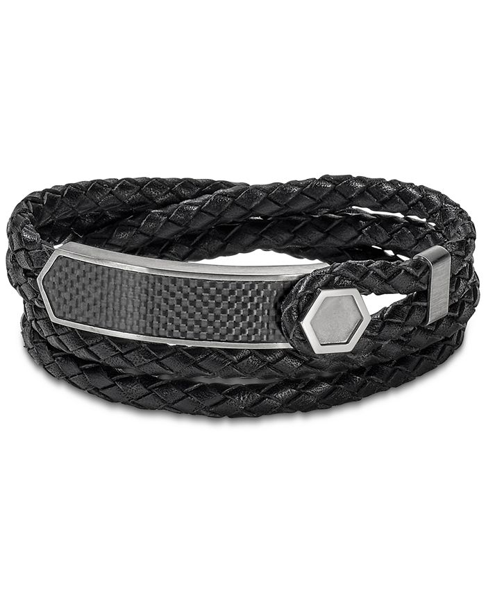 Bulova - Men's Braided Leather Wrap Bracelet in Stainless Steel
