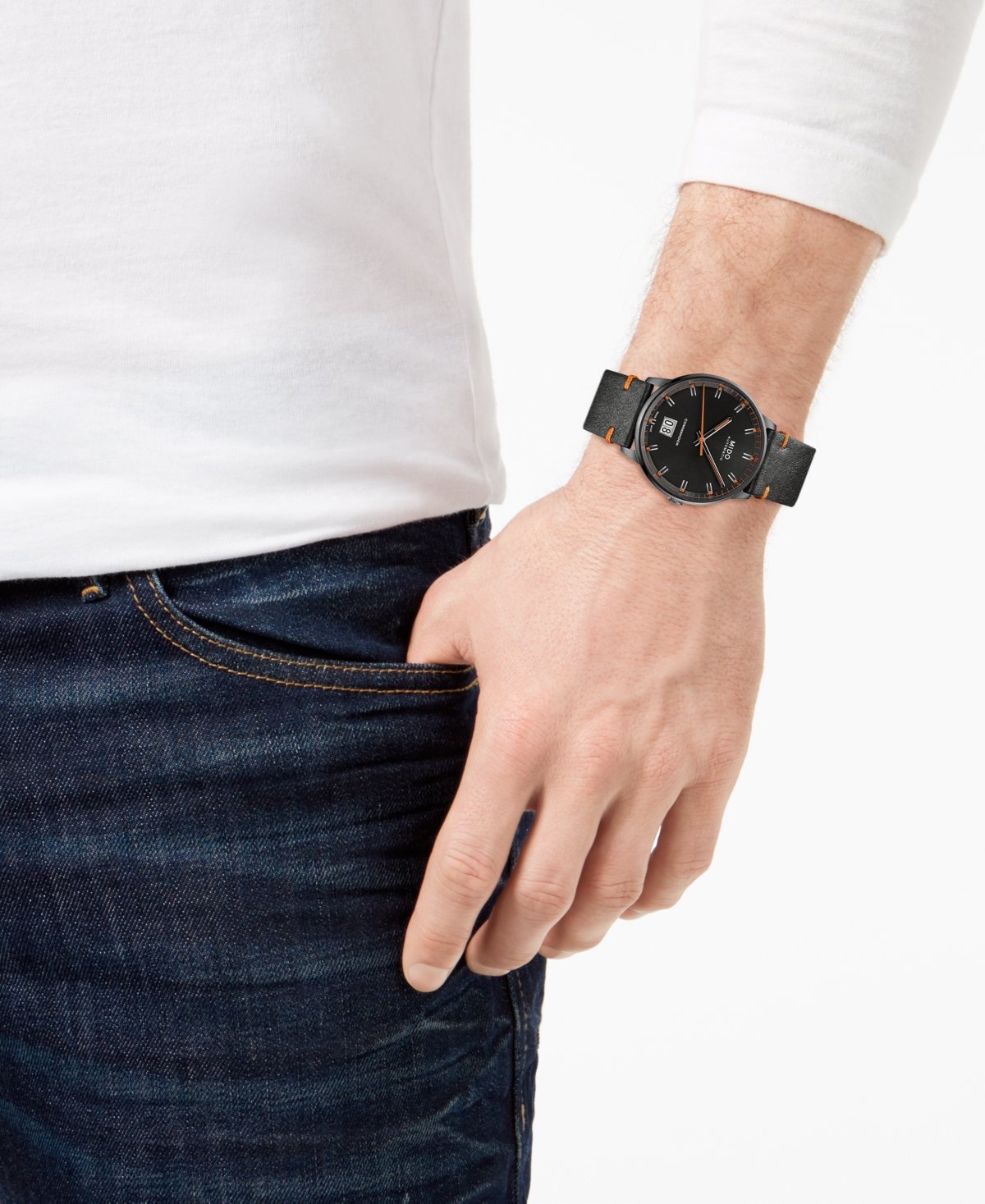 Shop Mido Men's Swiss Automatic Commander Big Date Black Leather Strap Watch 42mm