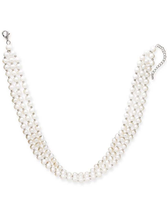 Macy's Cultured Freshwater Pearl (5mm) Three Strand 14 Choker Necklace in  Sterling Silver - Macy's