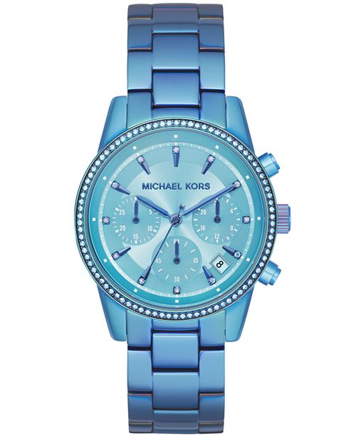 Michael Kors Women S Ritz Iridescent Blue Ip Stainless Steel Bracelet Watch 37mm Reviews Watches Jewelry Watches Macy S