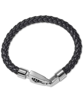 Bulova - Black Braided Leather Bracelet in Stainless Steel