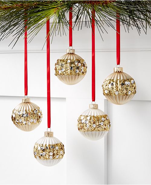 Holiday Lane Shine Bright Set Of 5 Glass Sequin Band Ball