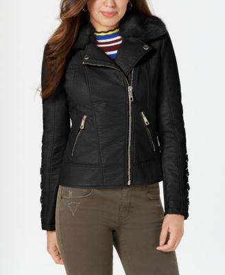 guess leather jacket with faux fur collar