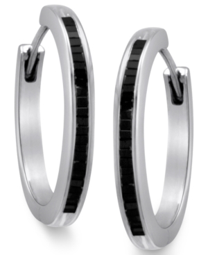 image of Sterling Silver Earrings, Black Diamond Baguette Hoop Earrings (1/2 ct. t.w.)