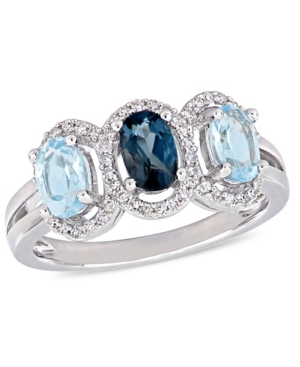 Blue Topaz (1-3/5 cttw) and Diamond (1/5 cttw) 3-Stone Halo Ring in Sterling Silver