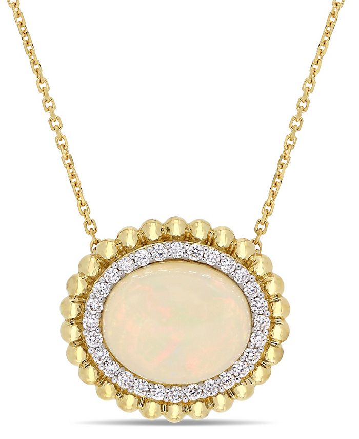 Macy's - Opal (3-1/2 ct. t.w.) and Diamond (1/4 ct. t.w.) Halo 17" Necklace in 14k Yellow Gold