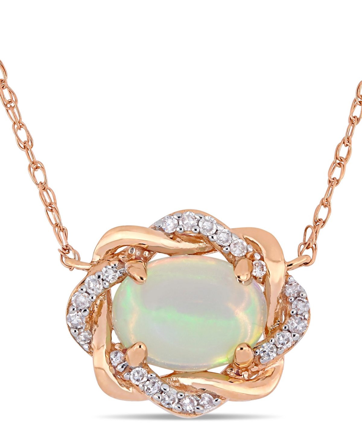 Shop Macy's Blue Opal (3/4 Ct.t.w.) And Diamond (1/10 Ct.t.w.) Interlaced Halo 17" Necklace In 10k Rose Gold