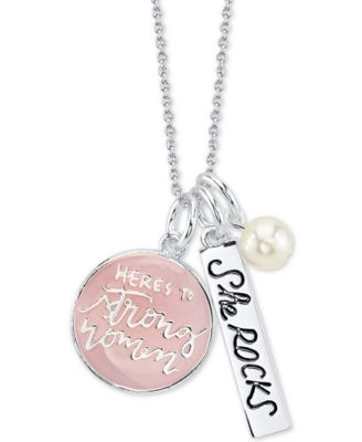 Unwritten - “Here’s to Strong Women” Pink Enamel Pendant Necklace in Sterling Silver featuring Pearl Charm, 18” Chain