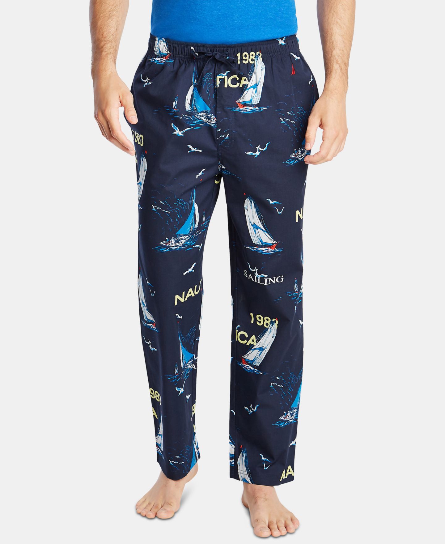 Пижамные брюки Sailboat-Print для мужчин, хлопок — Nautica, цвет: Тёмно-синий — фото 1