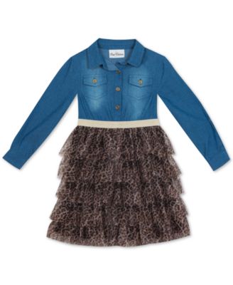 Rare Editions - Big Girls Denim & Leopard-Print Tiered Dress