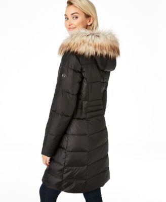 quilted longline hooded puffer coat