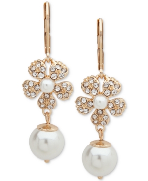 image of Anne Klein Gold-Tone Pave & Imitation Pearl Flower Linear Drop Earrings