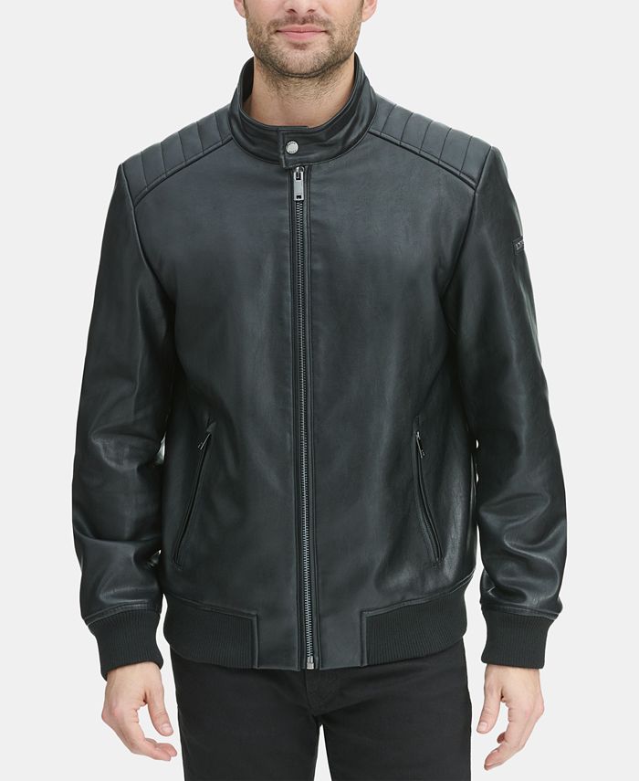 DKNY Men's Faux Leather Quilted Shoulder Bomber Jacket Macy's