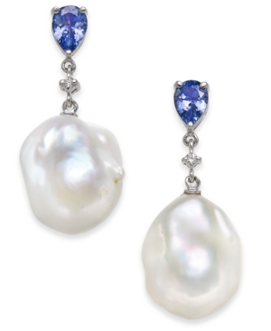 image of Tanzanite (1-3/8 ct. t.w.), White Cultured Baroque Freshwater Pearl (13mm) & Diamond Accent Drop Earrings in 14k White Gold