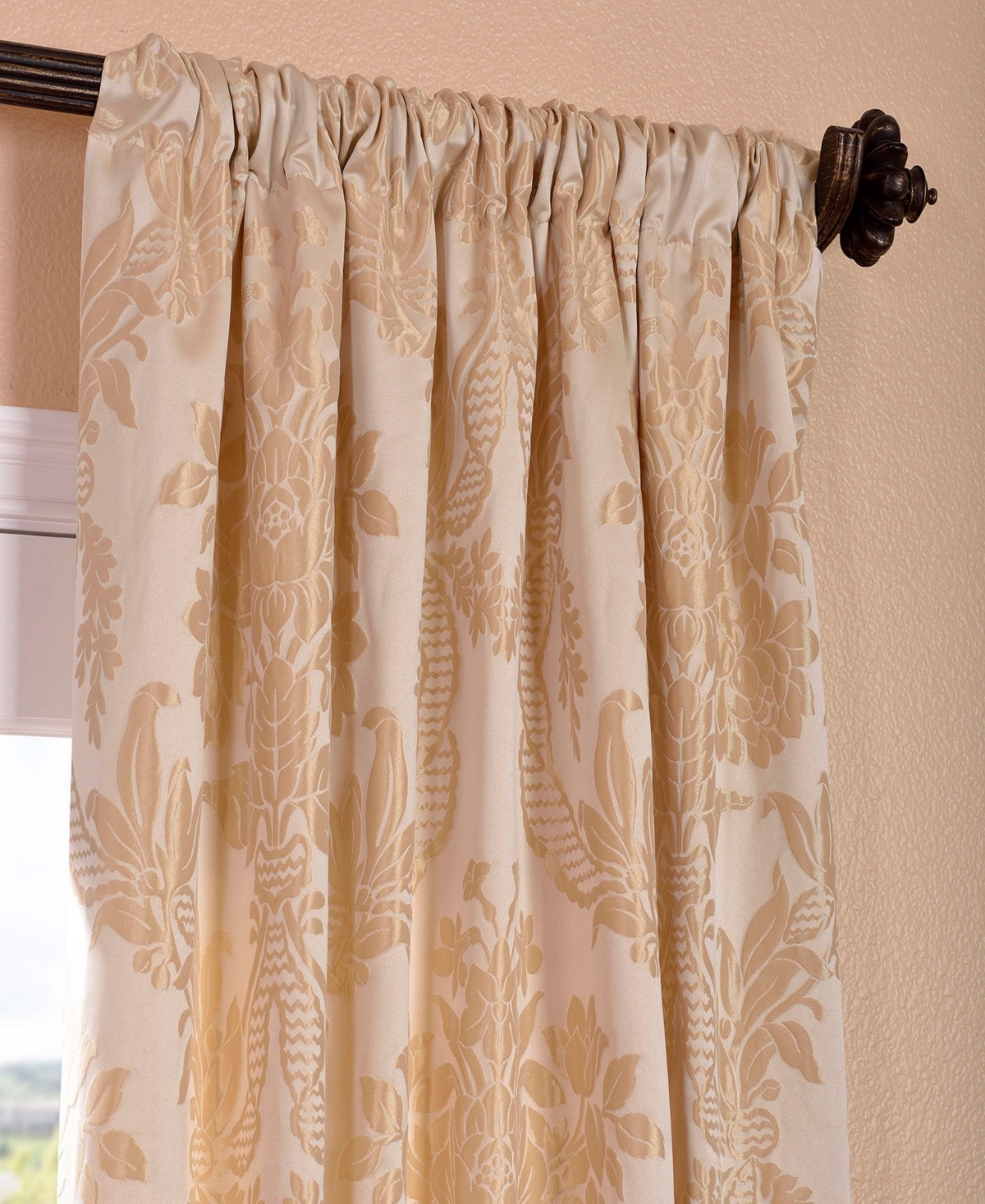 Half Price Drapes Magdelena Champagne Beige Damask Faux Silk Jacquard Room Darkening Curtain In Beige,tan